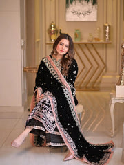 Aneelas - Unstitched 3PC Luxury Velvet Embroidered Suit - SNW-7147