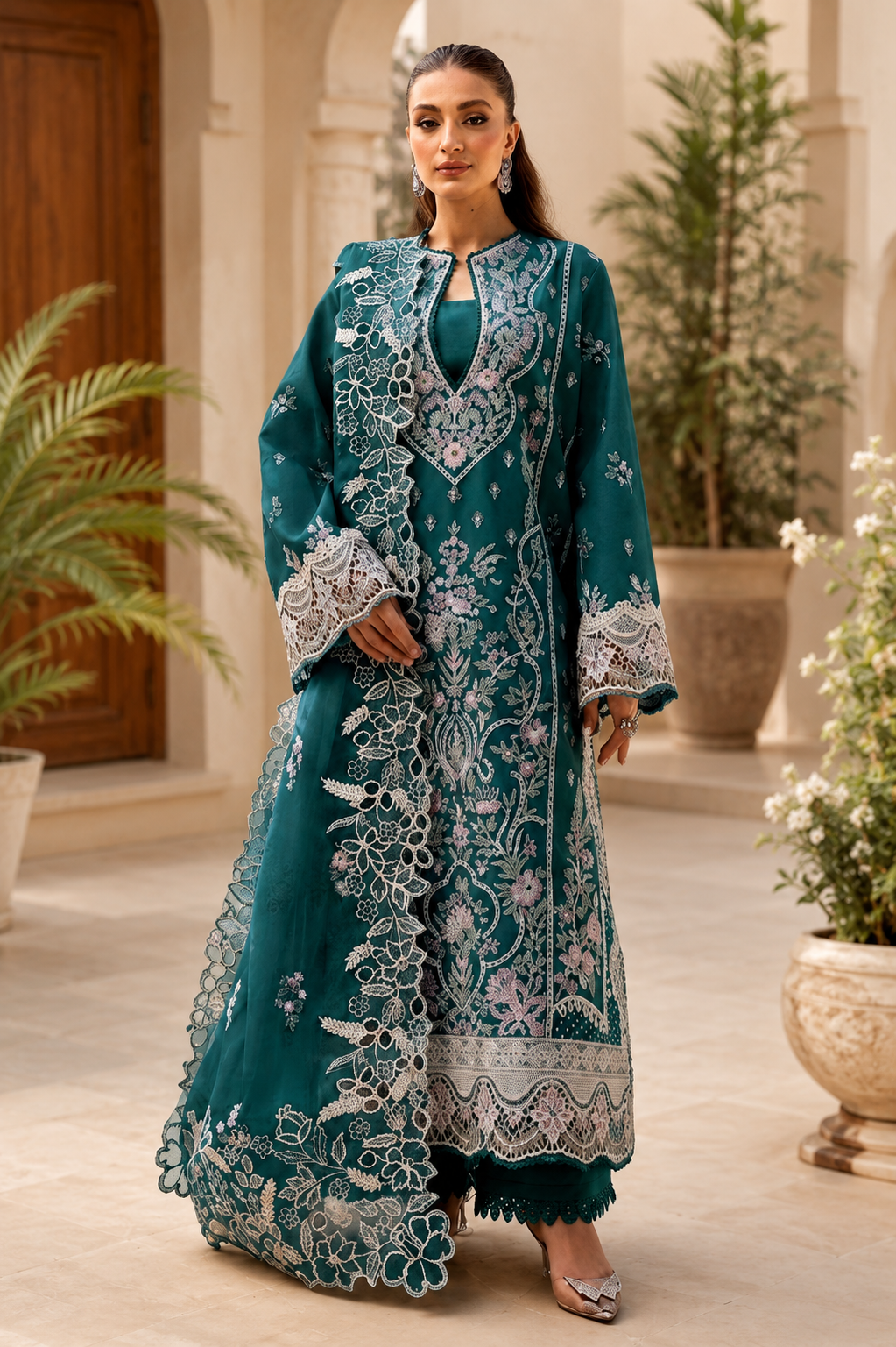Akbar Aslam - Unstitched 3PC Luxury Lawn Embroidered Suit - SNW - 1182