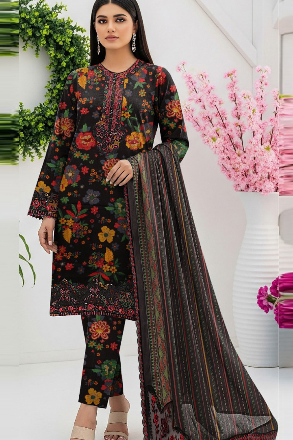 BAROQUE - 3PC PRINTED SHIRT WITH PATCHES AND CHIFFON DUPATA AND TROUSER - SNW-4109