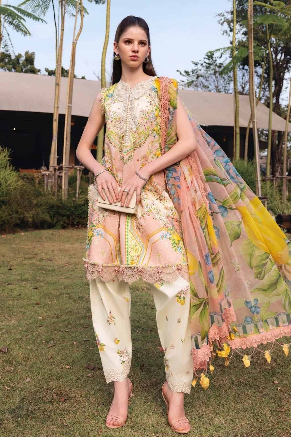 MARIA.B.- 3PC PRINTED SHIRT WITH PATCHES AND CHIFFON DUPATA AND TROUSER - SNW-4105
