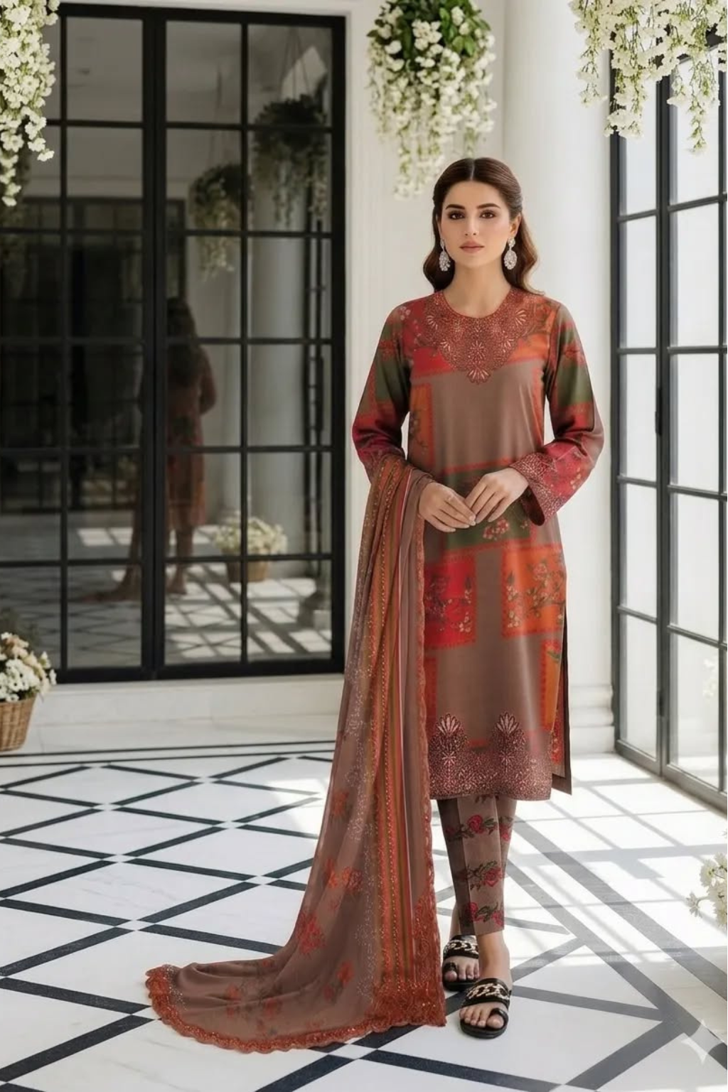 CHARIZMA - 3PC PRINTED SHIRT WITH PATCHES AND CHIFFON DUPATA AND TROUSER - SNW-4104