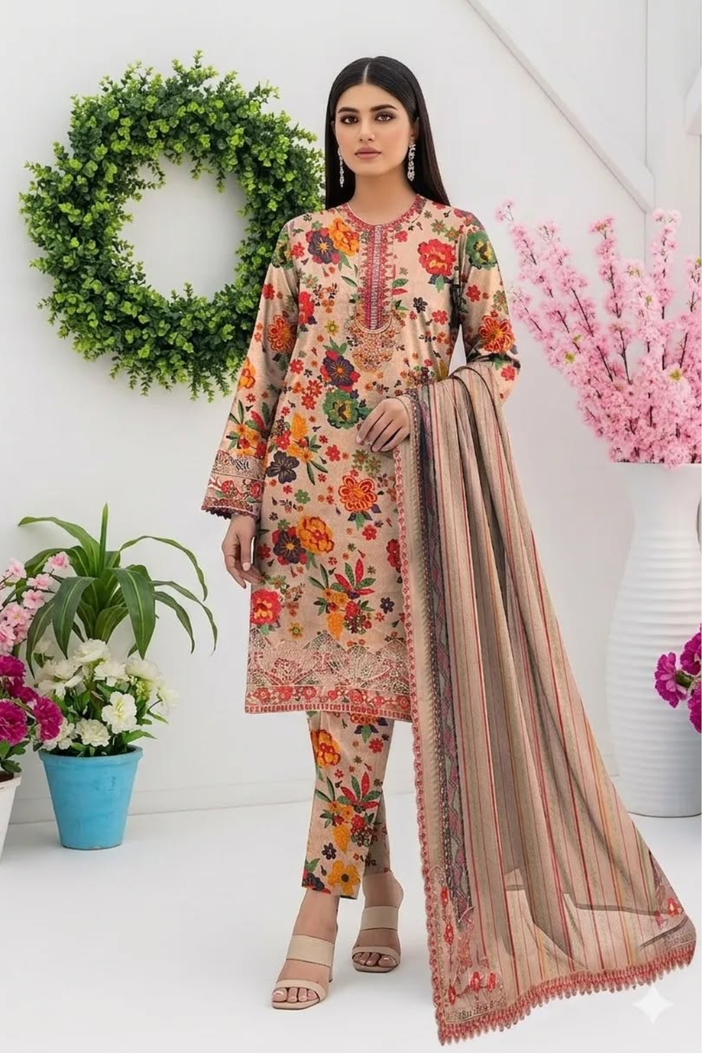 BAROQUE - 3PC PRINTED SHIRT WITH PATCHES AND CHIFFON DUPATA AND TROUSER - SNW-4107